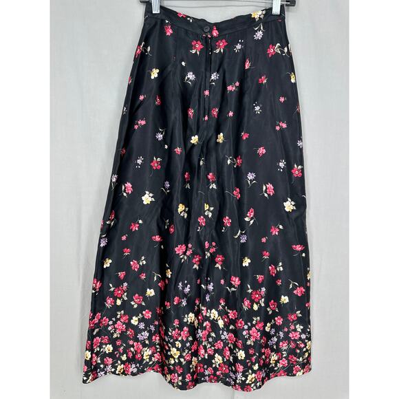 90s Vintage Skirt Womens Small Black Floral Maxi Satin Cottagecore Boho Bohemian - Picture 4 of 11